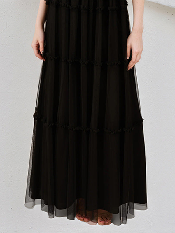 A Line Black Chiffon V-Neck Sleeveless Floor Length Dress