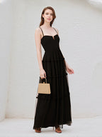 A Line Black Chiffon V-Neck Sleeveless Floor Length Dress