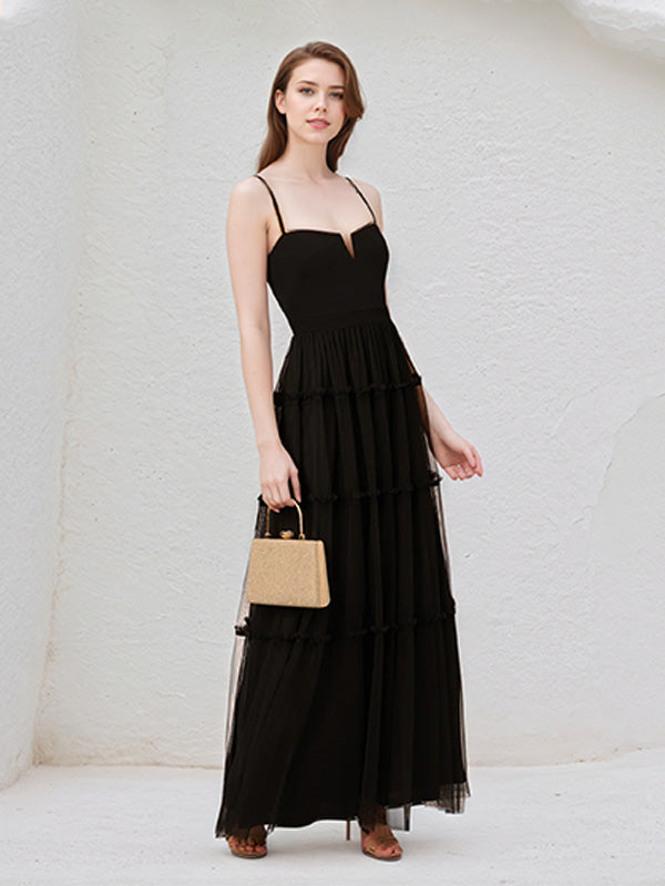 A Line Black Chiffon V-Neck Sleeveless Floor Length Dress