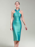 Elegant Aqua Satin Halter Bodycon Sleek & Sophisticated Evening Midi Dress