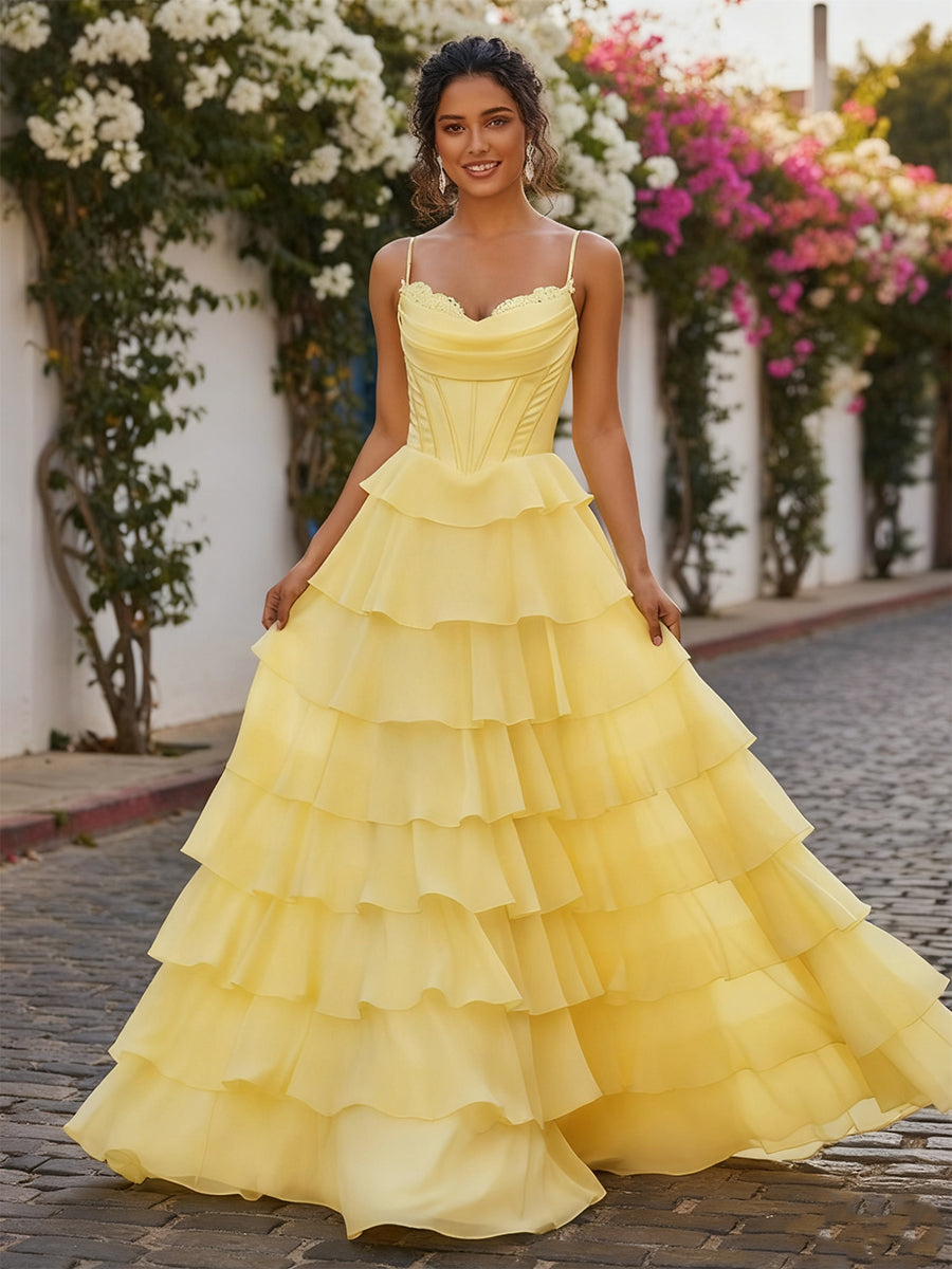 A Line Cowl Neck Chiffon Satin Tiered Ruffle Prom Dress