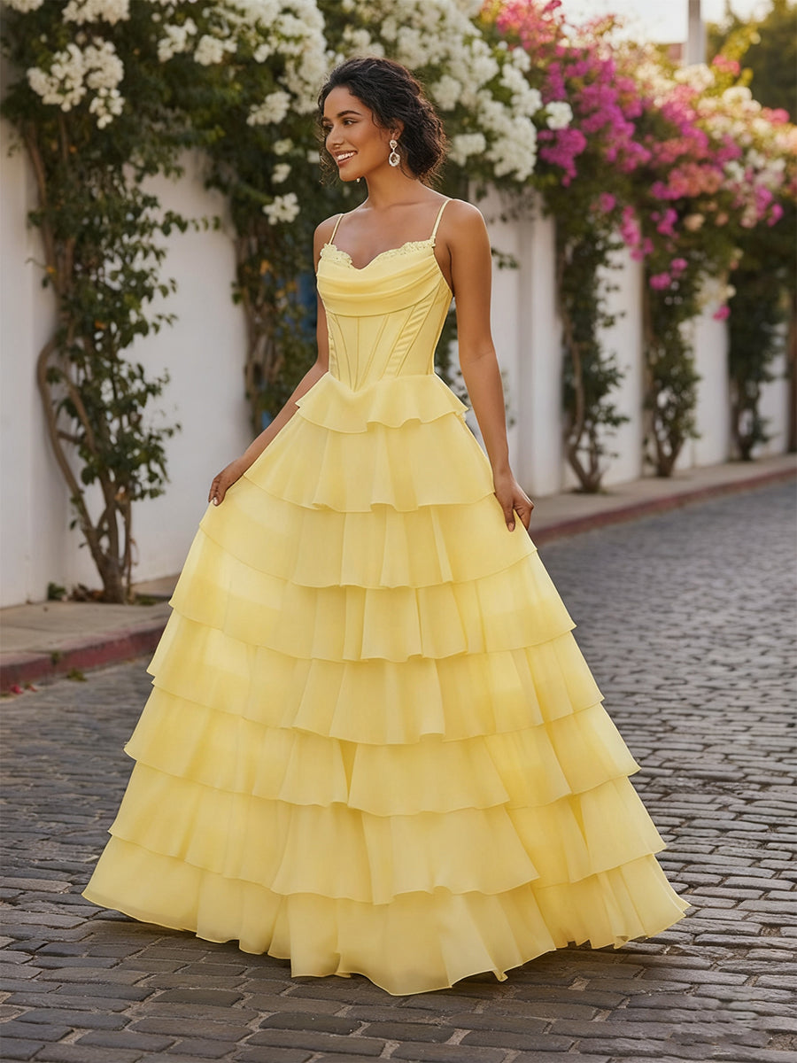 A Line Cowl Neck Chiffon Satin Tiered Ruffle Prom Dress