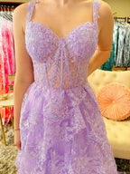 A Line Lilac Tiered Lace Long Prom Dress with Slit