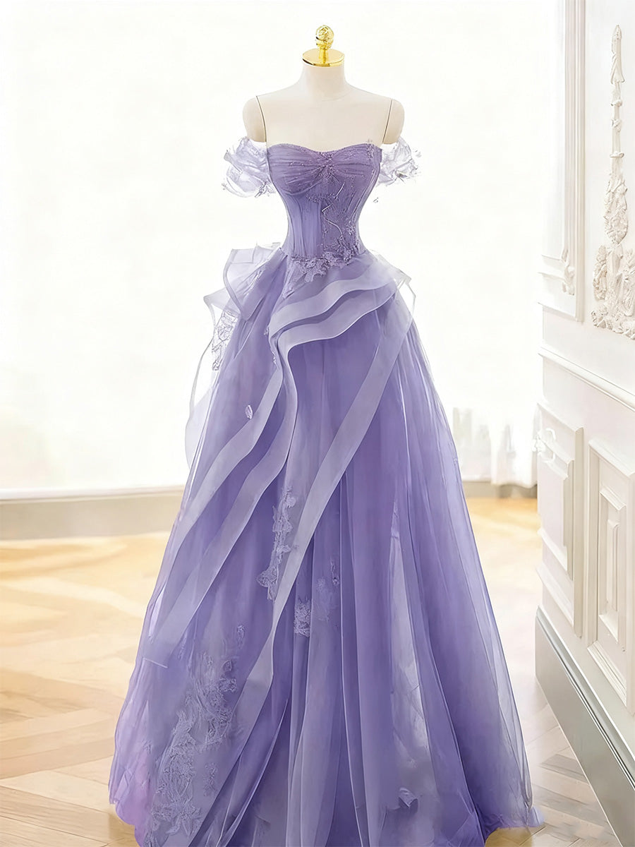 A Line Off-the-Shoulder Appliques Lace Tulle Long Corset Prom Dress