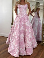 A Line Prom Dresses 3D Floral Strapless Evening Party Dresses with Bead