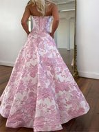 A Line Prom Dresses 3D Floral Strapless Evening Party Dresses with Bead