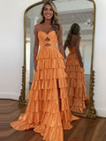 A-Linien Spaghetti-Träger Herzausschnitt Satin langes Abschlussballkleid mit Schlüsselloch
