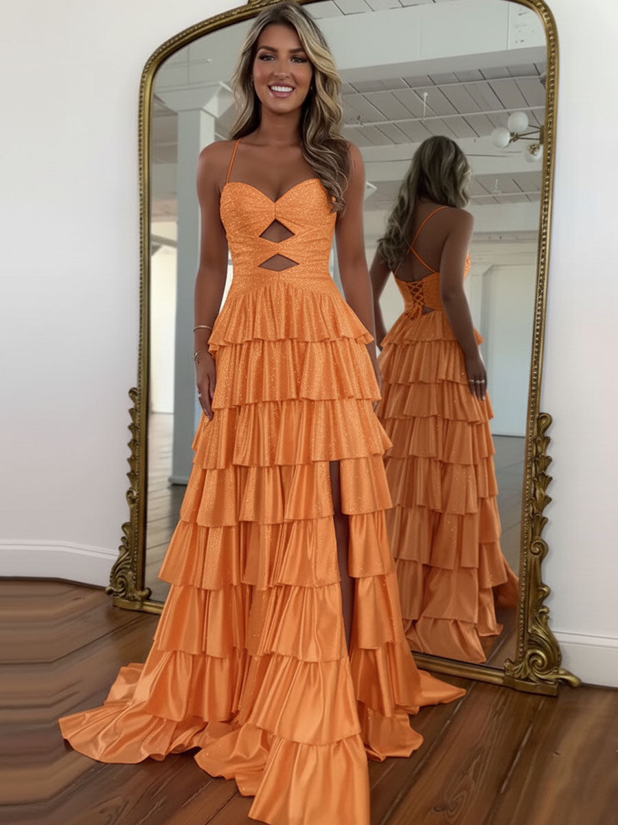 A-Linien Spaghetti-Träger Herzausschnitt Satin langes Abschlussballkleid mit Schlüsselloch