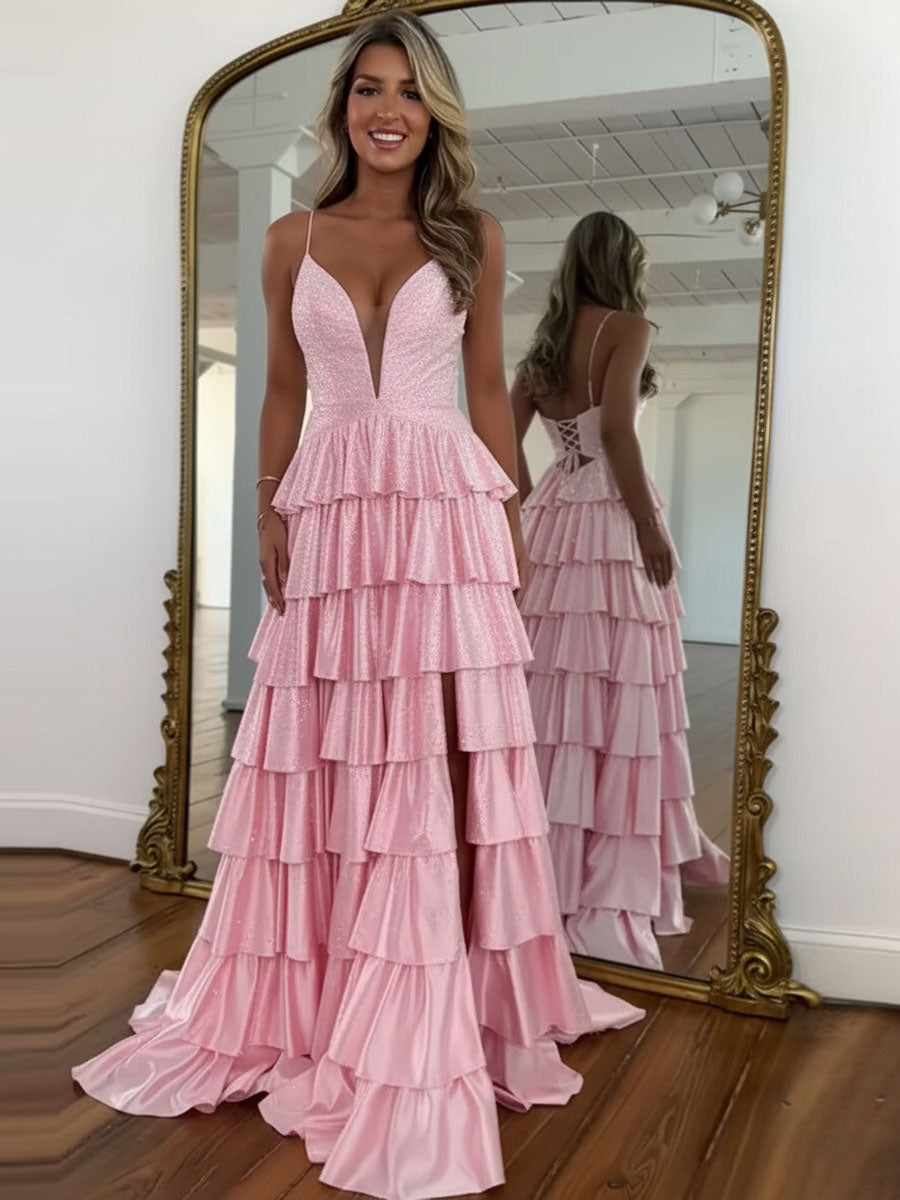 A-Linien Satin-Ballkleid mit Spaghettiträgern, V-Ausschnitt und Schlitz