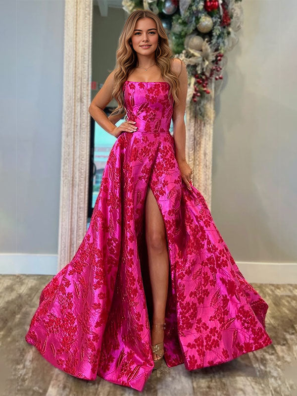 A-Linien Trägerloses Jacquard-Satin Langes Abendkleid mit Taschen