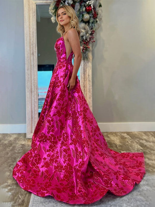 A-Linien Trägerloses Jacquard-Satin Langes Abendkleid mit Taschen