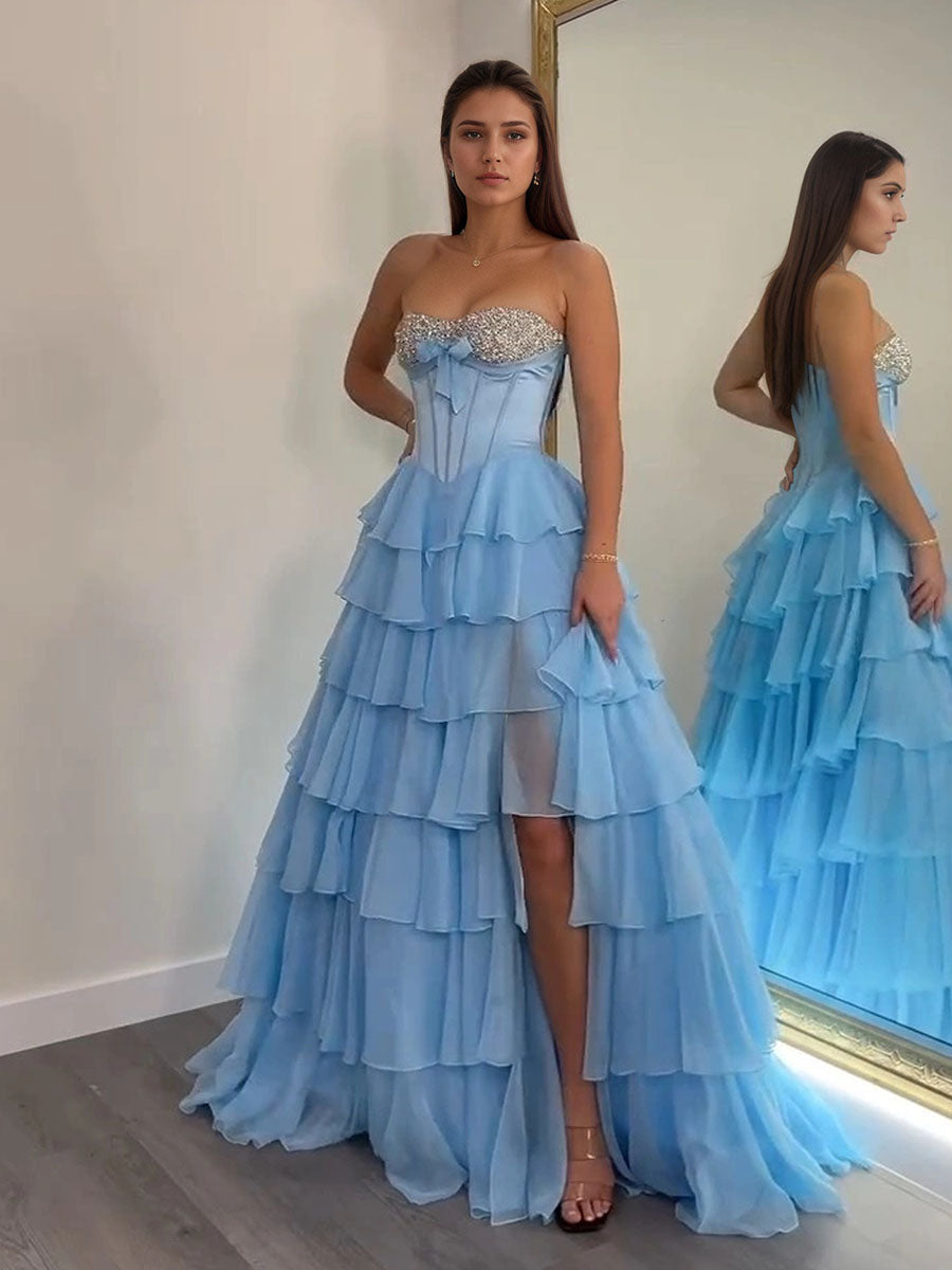 A-Linien Sweetheart Stufen Chiffon langes Ballkleid mit Perlenbesatz