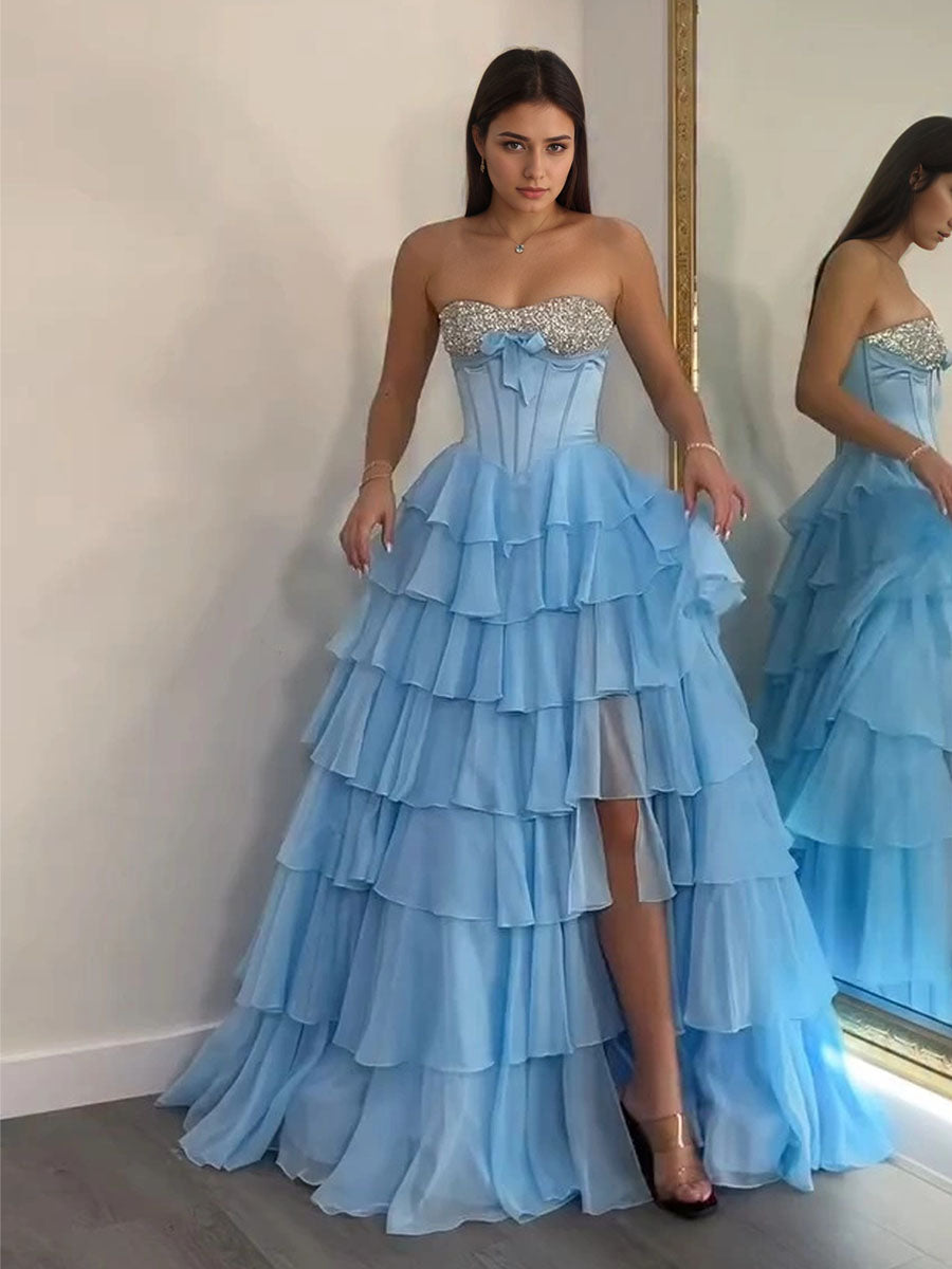 A-Linien Sweetheart Stufen Chiffon langes Ballkleid mit Perlenbesatz