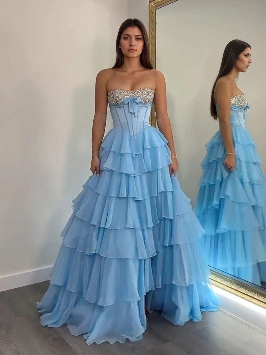 A-Linien Sweetheart Stufen Chiffon langes Ballkleid mit Perlenbesatz