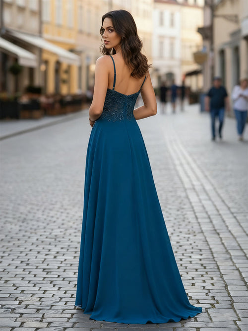 A-Linie V-Ausschnitt Applikationen Spitzen Chiffon Korsett-Abendkleid mit Schlitz