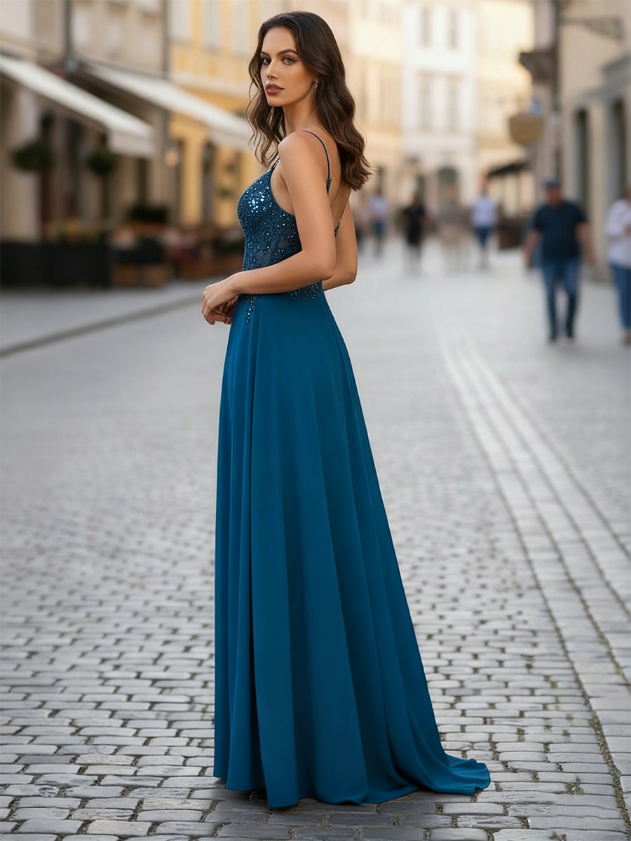 A-Linie V-Ausschnitt Applikationen Spitzen Chiffon Korsett-Abendkleid mit Schlitz