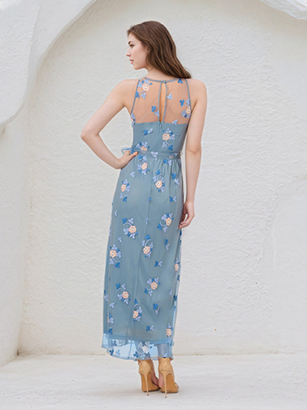 A Line Dusty Blue Chiffon Round Neck Sleeveless Ankle Length Dress With High Slit