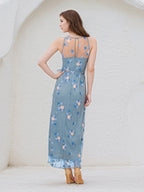 A Line Dusty Blue Chiffon Round Neck Sleeveless Ankle Length Dress With High Slit