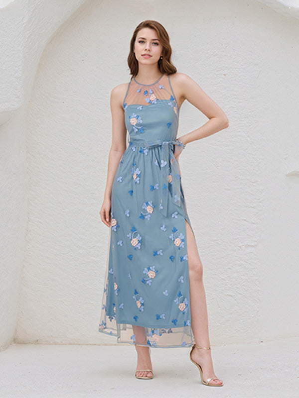 A Line Dusty Blue Chiffon Round Neck Sleeveless Ankle Length Dress With High Slit