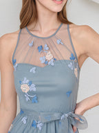 A Line Dusty Blue Chiffon Round Neck Sleeveless Ankle Length Dress With High Slit