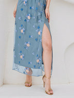 A Line Dusty Blue Chiffon Round Neck Sleeveless Ankle Length Dress With High Slit