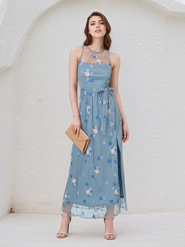 A Line Dusty Blue Chiffon Round Neck Sleeveless Ankle Length Dress With High Slit