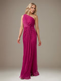 Fuchsia Chiffon Ein-Schulter ärmelloses bodenlanges Faltenkleid