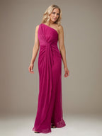 Fuchsia Chiffon Ein-Schulter ärmelloses bodenlanges Faltenkleid