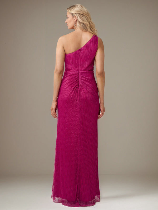 Fuchsia Chiffon Ein-Schulter ärmelloses bodenlanges Faltenkleid