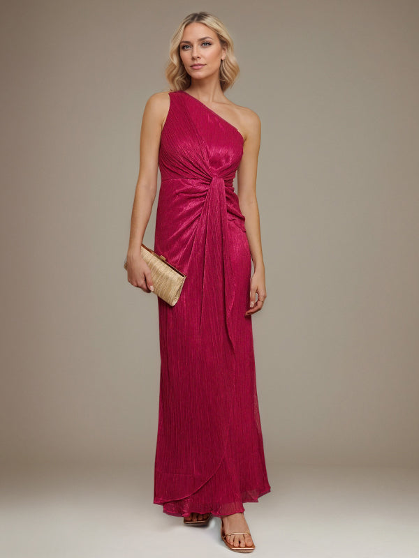 Fuchsia Chiffon Ein-Schulter ärmelloses bodenlanges Faltenkleid