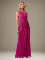 Fuchsia Chiffon Ein-Schulter ärmelloses bodenlanges Faltenkleid