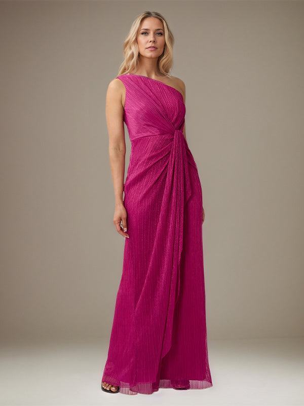 Fuchsia Chiffon Ein-Schulter ärmelloses bodenlanges Faltenkleid