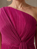 Fuchsia Chiffon Ein-Schulter ärmelloses bodenlanges Faltenkleid