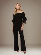 Combinaison/pantalon mère de la mariée noire en mousseline épaules dénudées manches 1/2