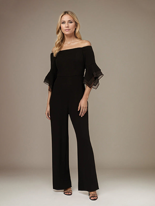Schwarzer Chiffon Schulterfreier 1/2-Ärmel Zweiteiler Jumpsuit/Hosenanzug Brautmutterkleid