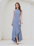 Steel Blue Chiffon Round Neck Sleeveless Asymmetrical Length Dress With Slit