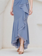 Steel Blue Chiffon Round Neck Sleeveless Asymmetrical Length Dress With Slit