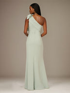 A Line Sage Chiffon One Shoulder Sleeveless Floor Length Dress With Bow