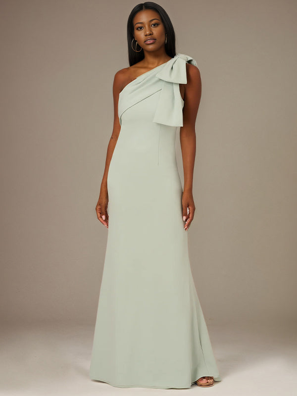 A Line Sage Chiffon One Shoulder Sleeveless Floor Length Dress With Bow