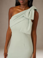 A Line Sage Chiffon One Shoulder Sleeveless Floor Length Dress With Bow