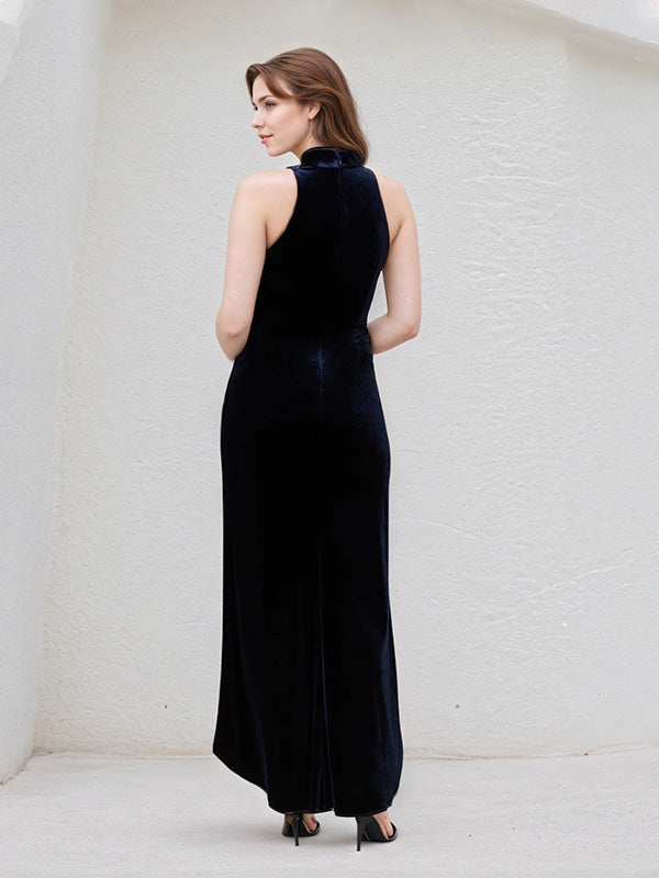 Marineblaues Stretch-Samt Halfter-Ausschnitt ärmelloses asymmetrisches Kleid