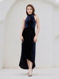 Marineblaues Stretch-Samt Halfter-Ausschnitt ärmelloses asymmetrisches Kleid