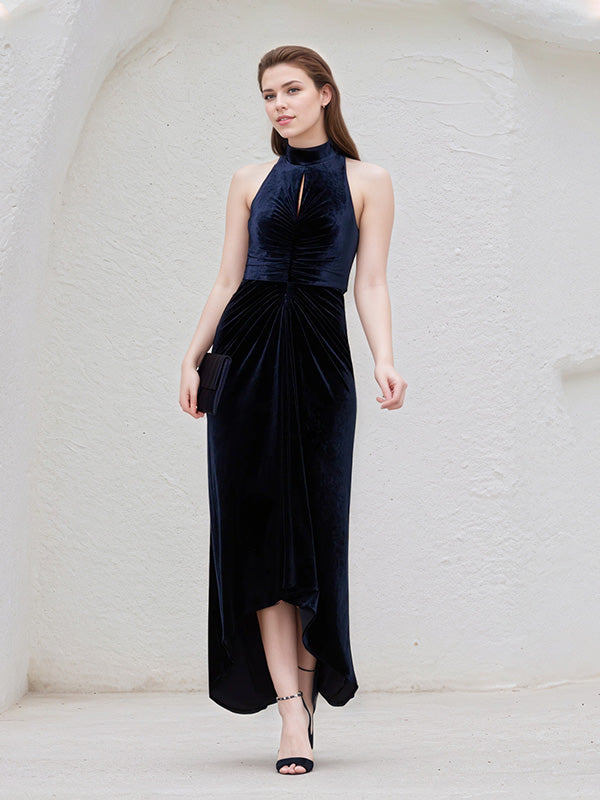 Marineblaues Stretch-Samt Halfter-Ausschnitt ärmelloses asymmetrisches Kleid