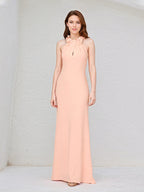Salmon Chiffon Halter Neck Sleeveless Floor Length Dress With Floral Embellished