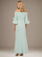 Vestido Verde Menta A Linha de Crepe Stretch Ombro a Ombro com Mangas 1/2 e Comprimento no Tornozelo com Rosa