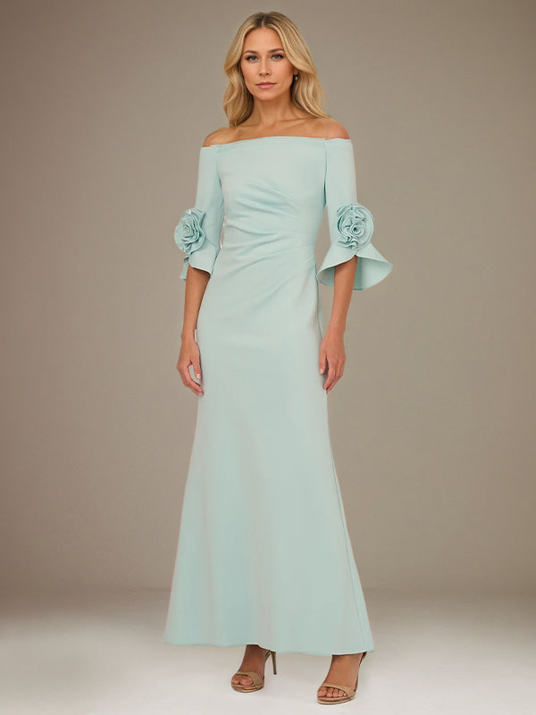 Vestido Verde Menta A Linha de Crepe Stretch Ombro a Ombro com Mangas 1/2 e Comprimento no Tornozelo com Rosa