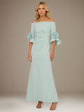 Vestido Verde Menta A Linha de Crepe Stretch Ombro a Ombro com Mangas 1/2 e Comprimento no Tornozelo com Rosa
