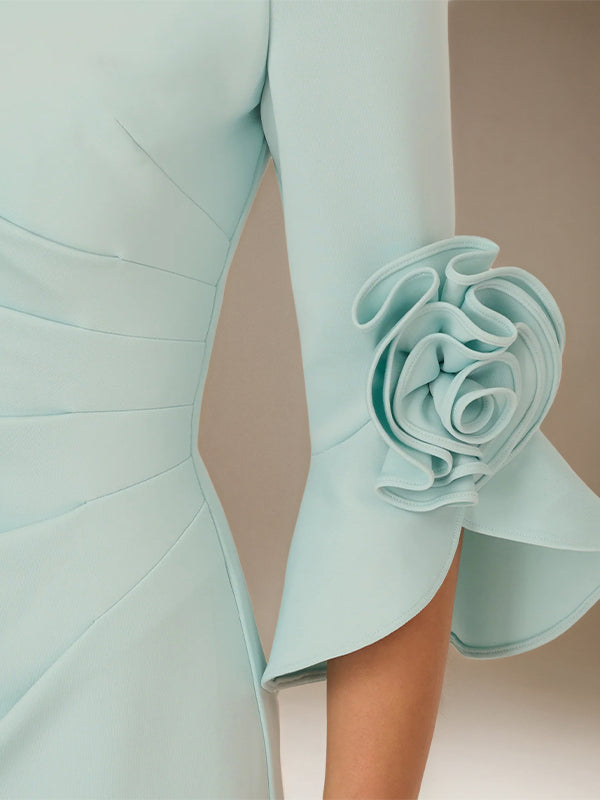 Vestido Verde Menta A Linha de Crepe Stretch Ombro a Ombro com Mangas 1/2 e Comprimento no Tornozelo com Rosa