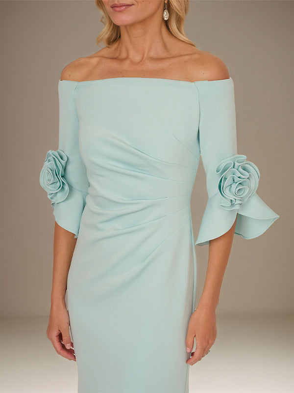 Vestido Verde Menta A Linha de Crepe Stretch Ombro a Ombro com Mangas 1/2 e Comprimento no Tornozelo com Rosa