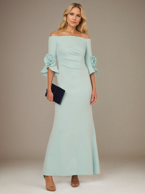 Vestido Verde Menta A Linha de Crepe Stretch Ombro a Ombro com Mangas 1/2 e Comprimento no Tornozelo com Rosa